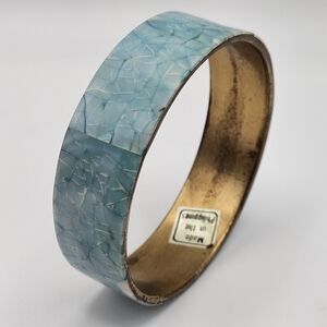VINTAGE Blue Iridescent Shell Inlay Brass Bangle Bracelet Made in Philippines
